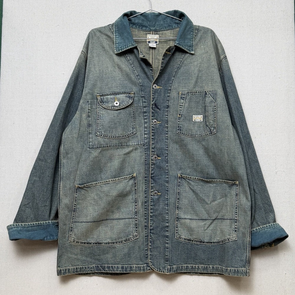 Lucky Brand Faded Blue Denim Button Chore Coat Jacket Size XXL Corduroy Details